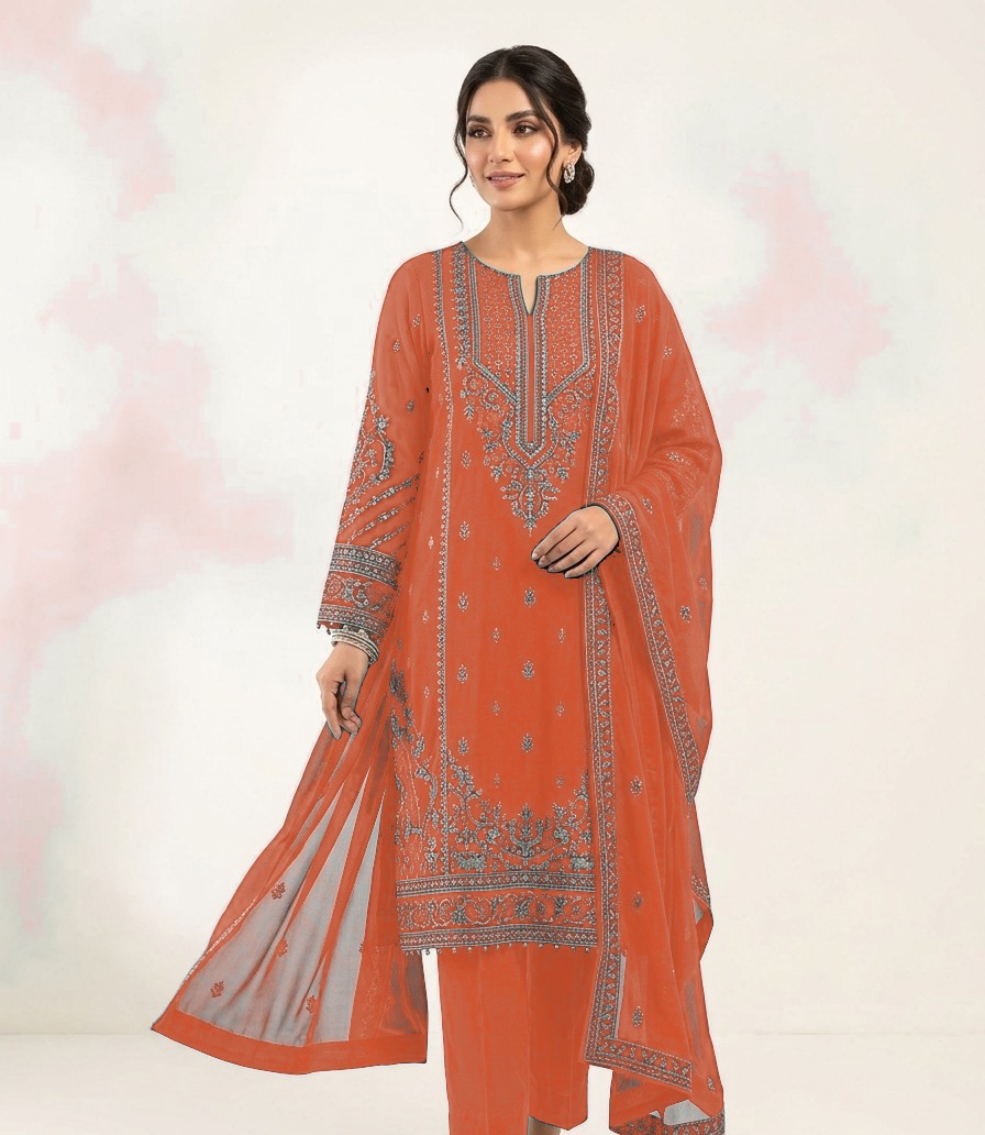 Premium Coral Embroidered Chiffon Suit (3-Piece) - Women's Shalwar Qameez