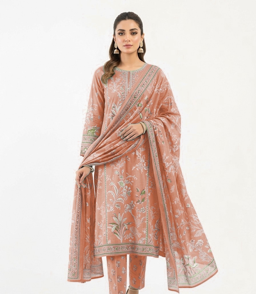 Elegant Floral Printed Lawn Shalwar Qameez - Women's 3-Piece Suit